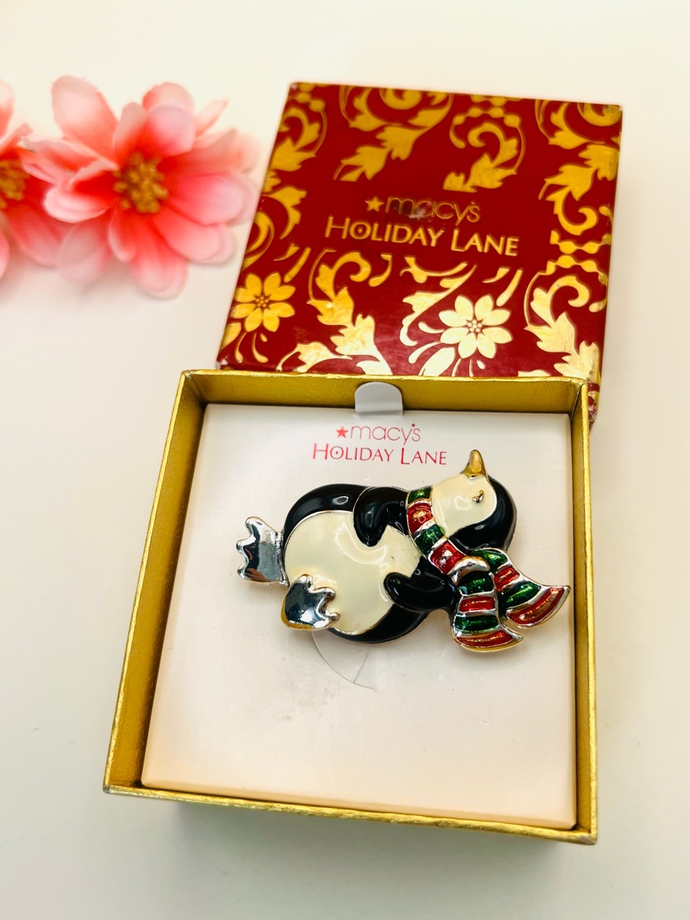 Macy's Holiday Lane Black, White Penguin Pin with Red and Green Scarf